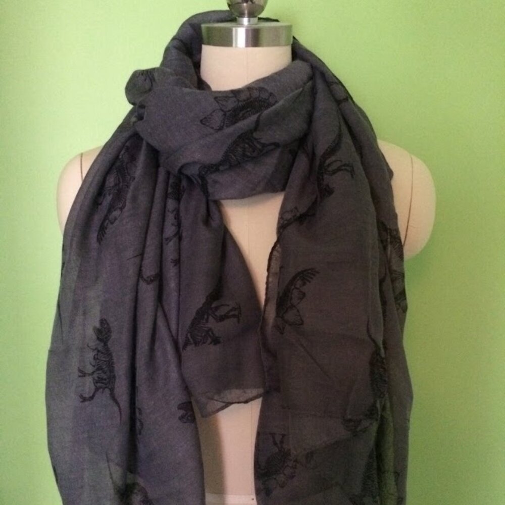 Lightweight Grey Dinosaur Skeleton Print Scarf Dark Academia Science Geek